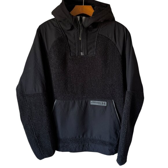 Under Armour Men's Fleece Sz Med Black Mission Boucle Anorak Hoodie Pull Over - Picture 1 of 16
